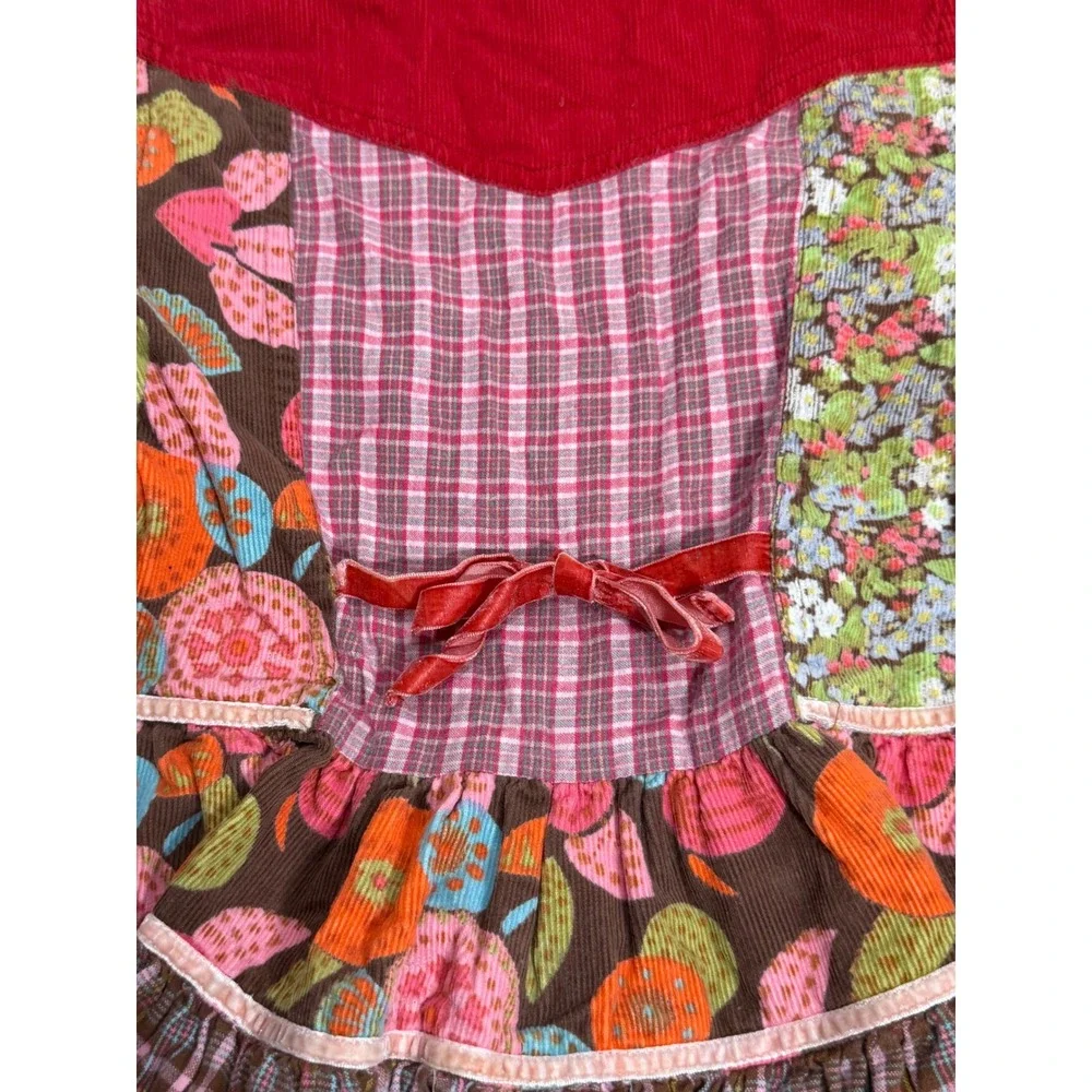 Room Seven Girls Patchwork Corduroy Dress Floral Plaid Tiered Boho Red Pink 4